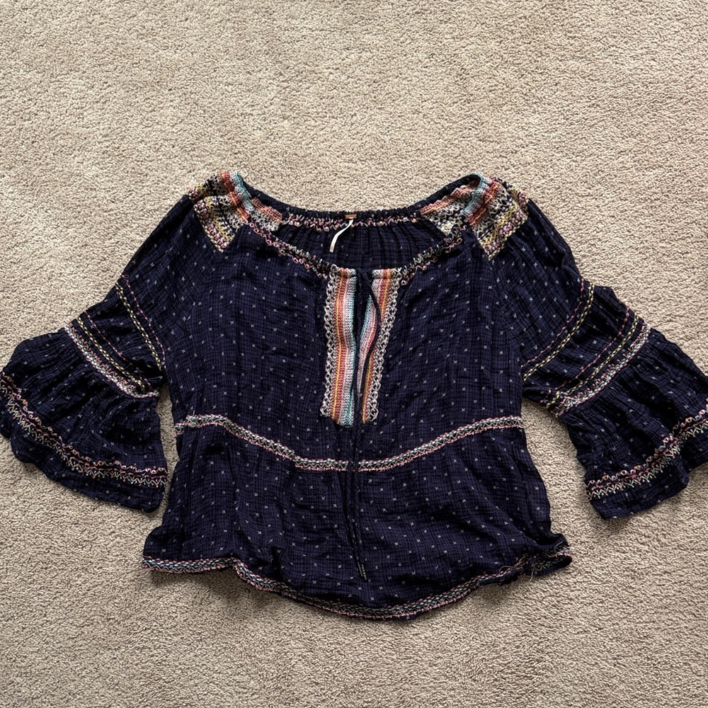 Free People Bohemian Navy Blouse with Multicolor Accents size Small
